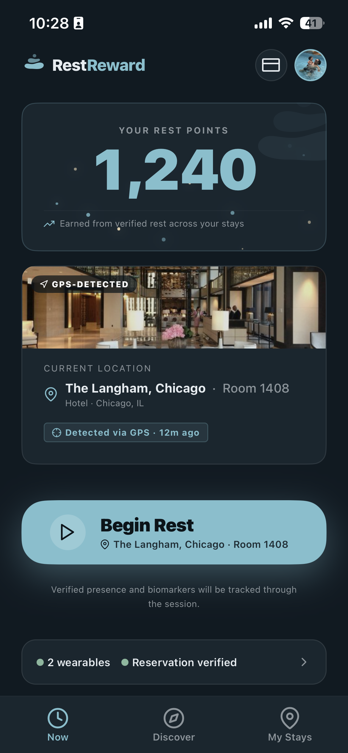 RestReward app Now screen — Rest Points, a GPS-detected stay at The Langham Chicago, and Begin Rest